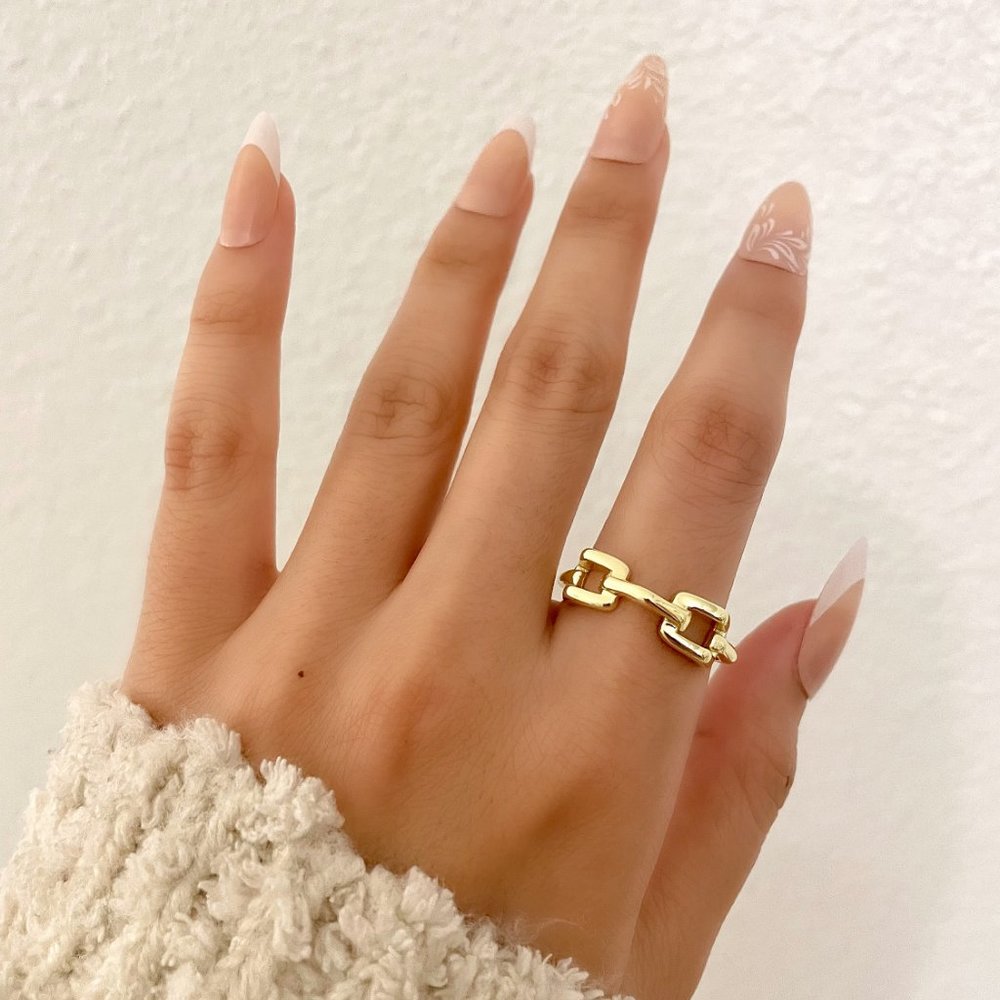 925 Sterling Silver Chunky Gold Link Ring Thick Curb Chain Ring Band - Picture 3 of 3